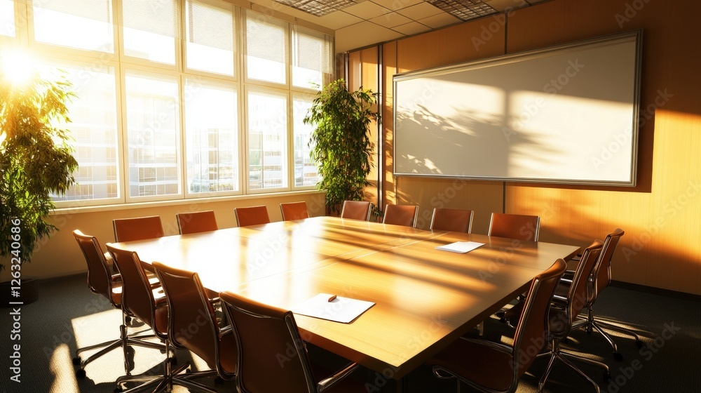 Poster large wooden table with empty marker texture in modern office setting and workspace details