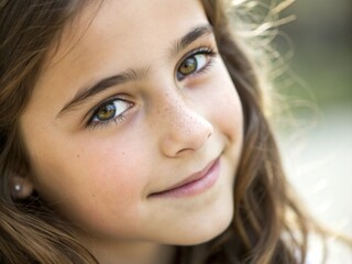 Obraz premium Close-up portrait, young girl, bright green eyes, gentle smile, dark brown hair, soft lighting, outdoor setting, natural beauty, depth of field, bokeh background, innocence, golden hour
