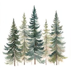 Obraz premium Watercolor Painting of Evergreen Trees in a Row