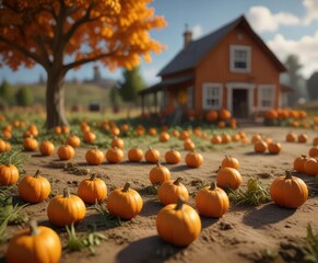 Toy pumpkin patch with tiny pumpkins and a small farmhouse in the background, mini pumpkins, pumpkin patch, farmhouse