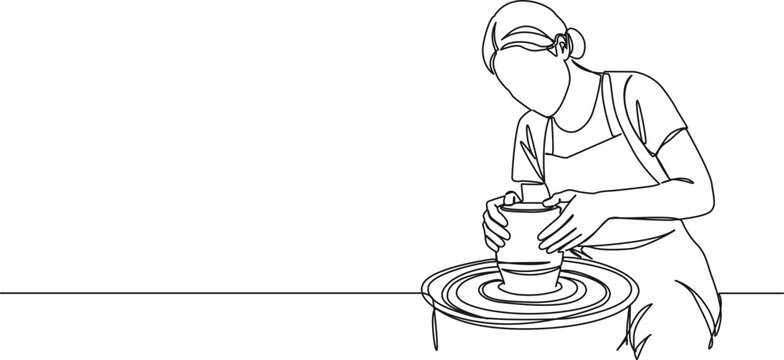 continuous single line drawing of female pottery maker, line art vector illustration