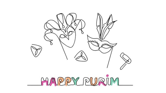 Happy Purim single line animated illustration. One continuous self drawing line animation, footage for Happy Purim celebration