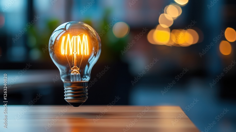 Poster glowing light bulb displaying warm illumination with bokeh background in artistic interior setting