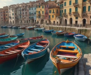 Fototapeta premium Traditional Italian fishing boat in a bustling harbour, with colorful boats and nets, vessel, culture , nautical