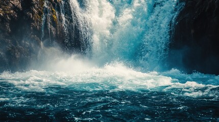 Fototapeta premium Powerful Waterfall Cascading into a Turquoise River