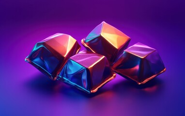 A futuristic geometric chocolate bonbon, sharp edges and a glossy neon gradient coating, sci-fi inspired, purple-blue gradient background