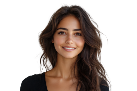 Joyful young woman smiling studio portrait neutral background isolated on transparent background