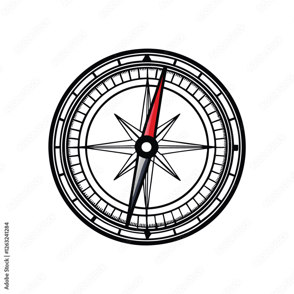 Poster create a clean, editable vector graphic of a compass needle pointing north, showcasing precise detai