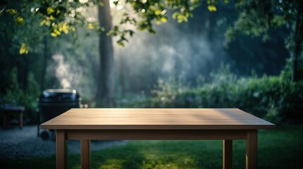 Empty wooden table with a grill in the background and blurred bbq setup in a backyard setting