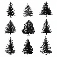 Fototapeta premium Nine Black Ink Drawings Of Various Conifer Trees
