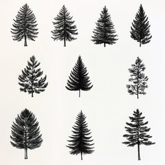 Obraz premium Twelve Hand Drawn Conifer Tree Silhouettes