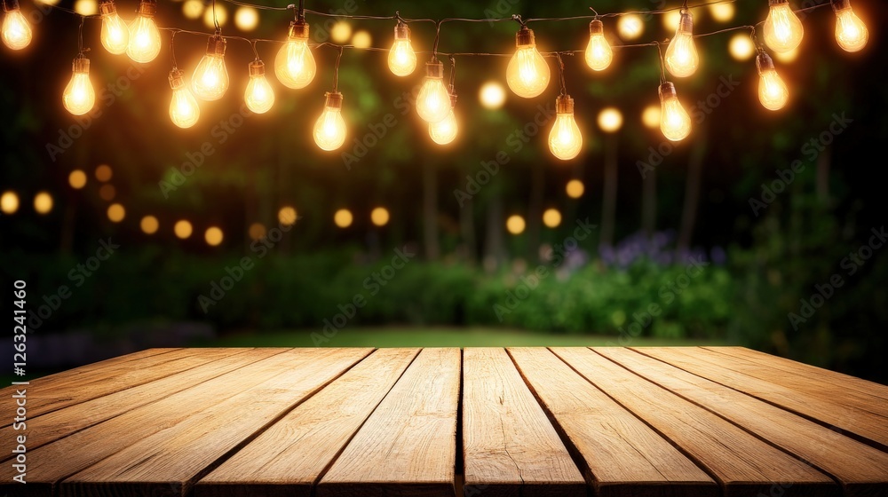 Aufkleber empty wooden table with hanging lights in front of a blurred abstract background