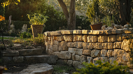 Obraz premium Sunlit Stone Wall in a Beautiful Garden Setting with Flowers