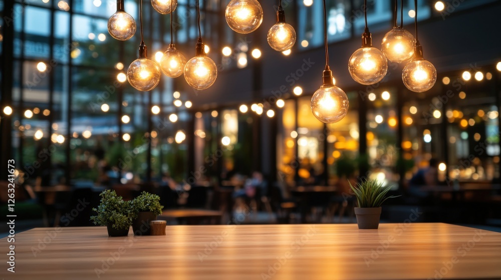 Poster empty wooden table with hanging lights in a blurred background creating a cozy atmosphere