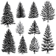 Collection Of Hand Drawn Black And White Trees
