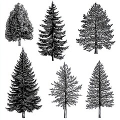 Fototapeta premium Collection of Six Different Black Ink Tree Drawings