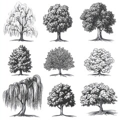 Fototapeta premium Collection of Nine Ink Drawings of Various Trees