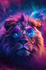 Fototapeta premium Cute neon lion in sunglasses on a bright space background filled with stars. Neon fur and a whimsical atmosphere, fun and magic for animal lovers and art lovers.