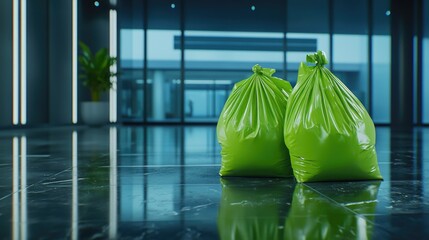 Green garbage bags for recycling in a modern indoor environment highlighting sustainability efforts