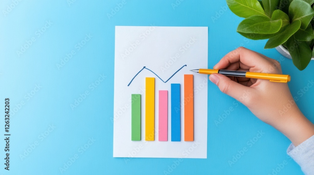 Poster chart with colorful bars and hand using pen on blue background for business and presentation purpose