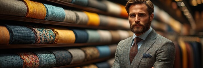 Sophisticated man in tailored suit amid vibrant fabric collection for elegant design inspiration