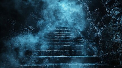 Fototapeta premium Mysterious Stone Staircase Leading into a Foggy Cave.