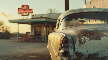 A dusty vintage car parked outside a small-town gas station, with a blurred view of a diner and retro signage.