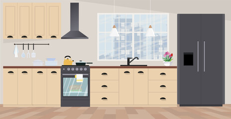 Modern kitchen in flat style. Kitchen interior with furniture. 