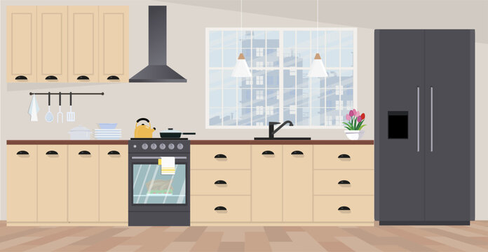 Modern kitchen in flat style. Kitchen interior with furniture. 