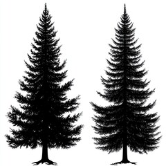 Fototapeta premium Two Tall Evergreen Tree Silhouettes Against White Background