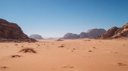 Naklejka premium Vast, sandy desert landscape under a clear blue sky, featuring red sandstone rock formations in the distance.