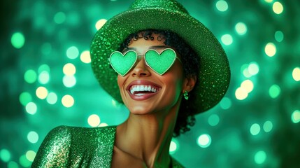 Portrait of a woman laughing with her head slightly tilted, dressed in a glittering green sheath dress and a shamrock-embellished green hat. Her green heart shaped glasses catch the glow