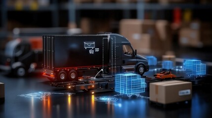 Futuristic Truck with Holographic Interface in a Warehouse Setting