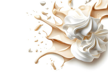 Top view white whipped meringue splash, isolated on white background