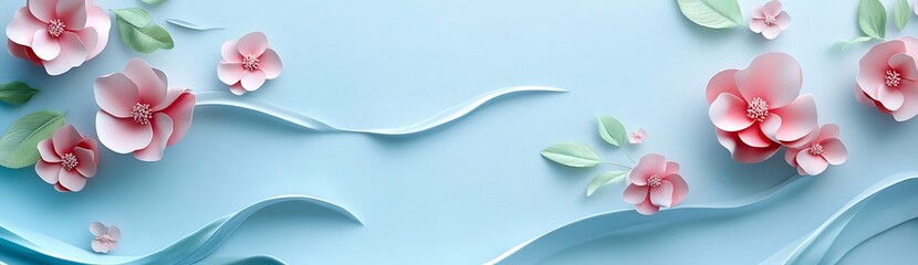 A light blue color, three-dimensional wavy resin sheet and pink flowers.