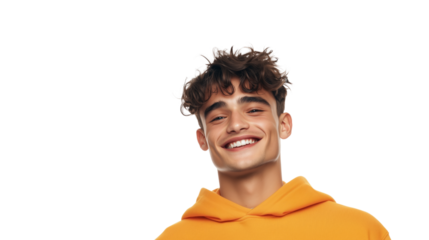 Smiling young man in orange hoodie on a transparent background