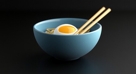 Soft-boiled egg atop noodles in a blue bowl with chopsticks.