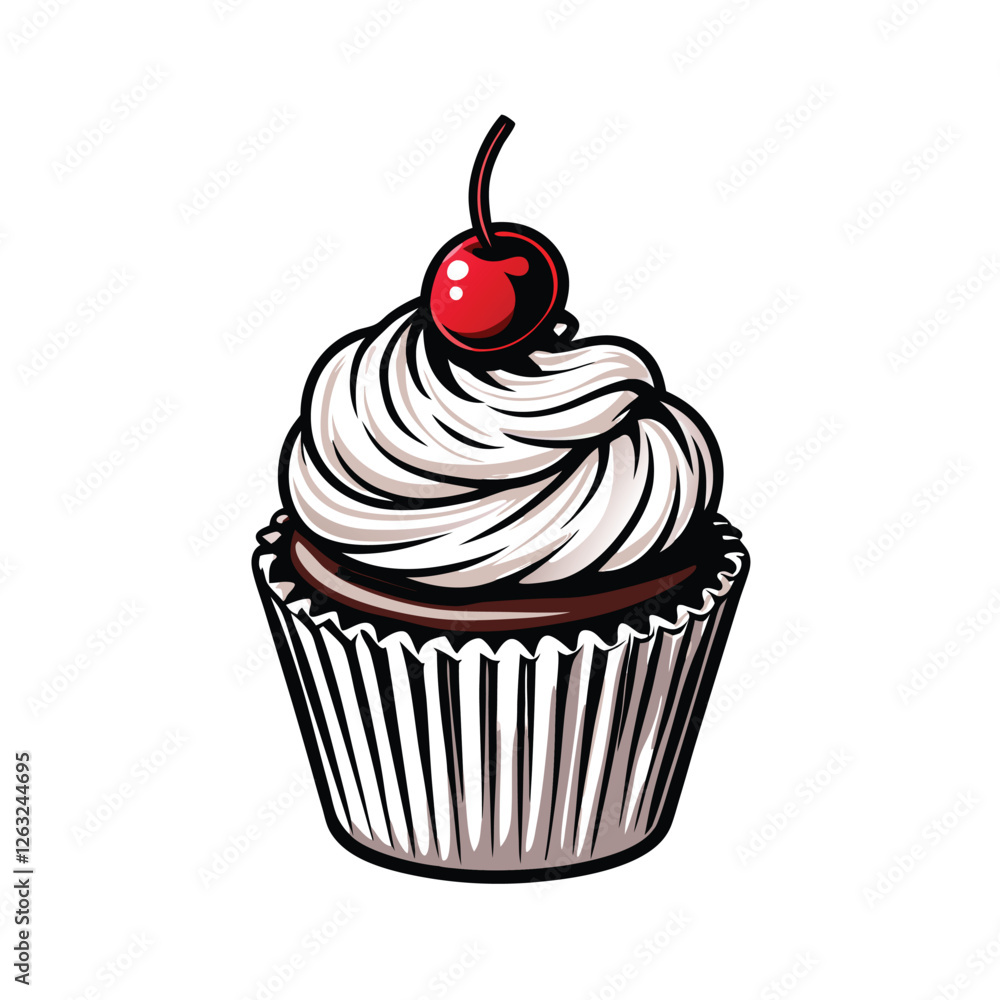 Poster create a detailed vector illustration of a delicious cupcake topped with a bright red cherry, featur