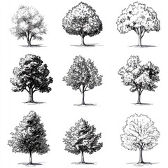 Fototapeta premium Nine Detailed Ink Drawings of Various Trees