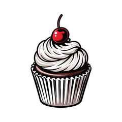 Create a detailed vector illustration of a delicious cupcake topped with a bright red cherry, featuring an editable stroke for easy customization.