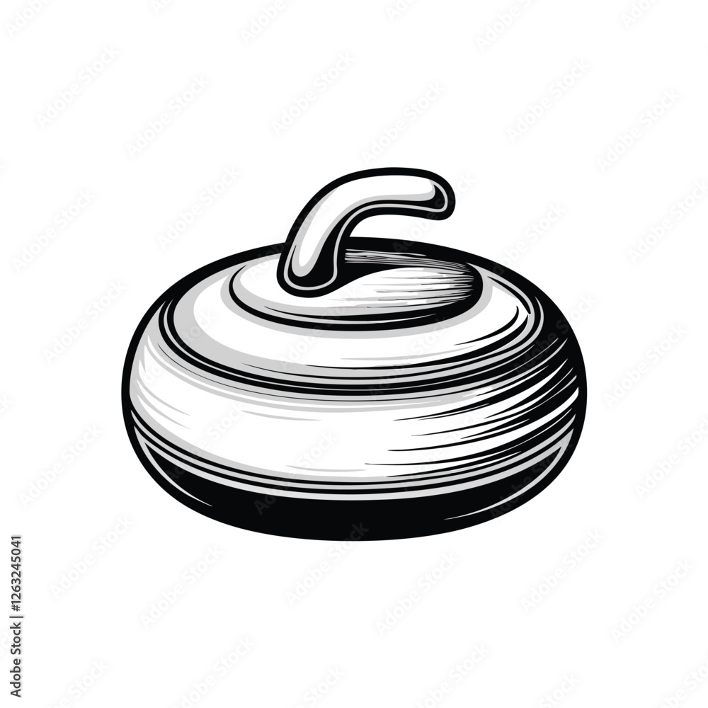Poster create an editable stroke vector graphic of a curling stone gliding on ice, showcasing its detailed 