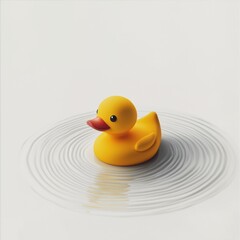 Bright yellow rubber duck floating in water ripples on a white background