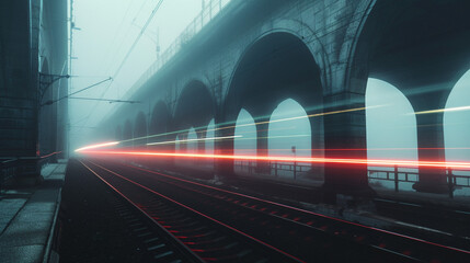 A foggy city bridge with towering arches, featuring a blurred commuter train passing on the adjacent track.