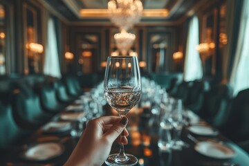 Elegant gathering at a luxurious dining table with sparkling wine toast in a grand setting