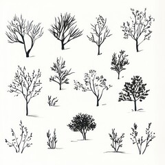 Obraz premium Collection of Black Ink Drawings of Various Trees
