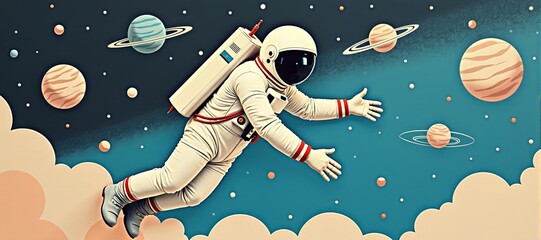 A lone astronaut drifts through cosmic silence, surrounded by fragmented blue planets and white nebulae, suspended in ethereal graphic design