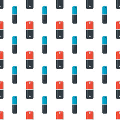 Seamless pattern with various battery icons. Texture pattern with battery indicator signs isolated on white background. Accumulator power elements, wallpaper template.