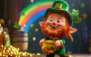 Cute cartoon style leprechaun holding a pot of gold rainbow in the background playful composition
