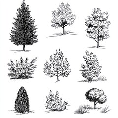 Fototapeta premium Nine Ink Drawings of Various Trees and Shrubs