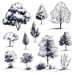 Fototapeta premium Ink Drawings of Various Trees and Shrubs